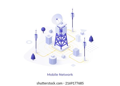 Conceptual template with cell tower with antenna and city buildings on street. Scene mobile wireless network, wifi technology, public internet access. Isometric vector illustration for website.