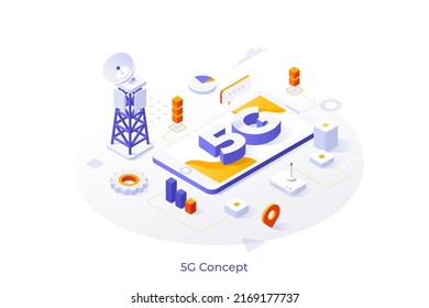 Conceptual Template With Cell Tower And Smartphone. Scene For 5G Technology Standard For Digital Cellular Networks, Mobile Devices, Broadband Internet Access. Modern Isometric Vector Illustration.