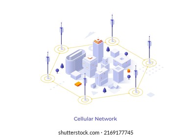 Konzeptionelle Vorlage mit Zellentürmen rund um Stadtgebäude. Szene für zelluläres Netzwerk, öffentlichen Internetzugang, mobile Wireless-Technologie. Moderne isometrische Vektorgrafik für Webseiten.