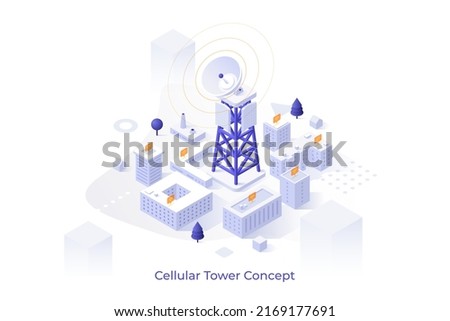 Conceptual template with cellular station with antenna and city buildings. Scene for cell tower, wi-fi signal, internet access, wireless network. Modern isometric vector illustration for website.