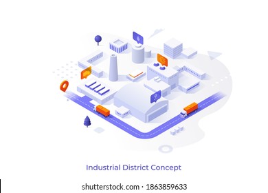Conceptual template with city area with manufacturing or production plant buildings, factories, warehouses. Scene for industrial district innovations. Isometric vector illustration for website. svg