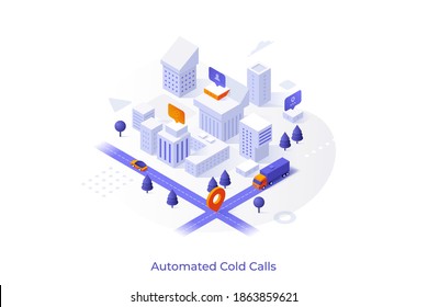 Conceptual template with city district, living buildings or houses, streets and location mark. Scene for urbanization, urban development and construction. Isometric vector illustration for website