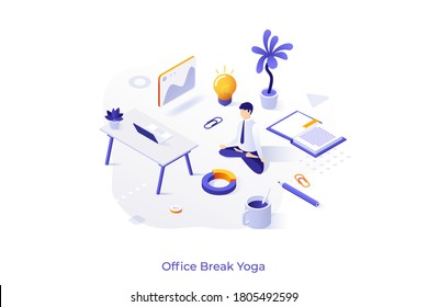 Conceptual template with clerk, employee or businessman sitting cross legged and meditating at work. Office yoga or meditation break. Modern isometric vector illustration for website, advertisement.