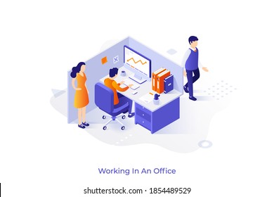 Conceptual template with clerk or manager sitting in cubicle or enclosed workplace and working. Scene for open space office, workspace. Modern isometric vector illustration for corporate website.