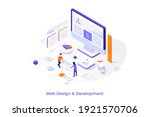 Conceptual template with computer and people building website interface. Scene for web design and development, site builder online tool or service. Modern isometric vector illustration for webpage.