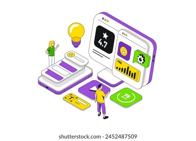 Conceptual template with computer and people building website interface. Scene for web design and development, site builder online tool or service. Modern isometric vector illustration