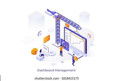 Conceptual template with construction crane, people, laptop with diagram and business indicators on screen. Internet dashboard for company's management. Isometric vector illustration. 