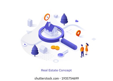 Conceptual template with couple standing at house on giant magnifier. Scene for search for real estate, home to buy, property for sale. Modern isometric vector illustration for online service.