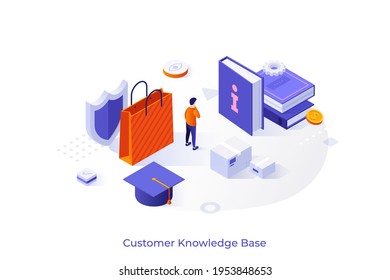 Conceptual template with customer or buyer, books, graduation cap, shopping bag, shield. Scene for consumer knowledge database, legal information. Modern isometric vector illustration for website.