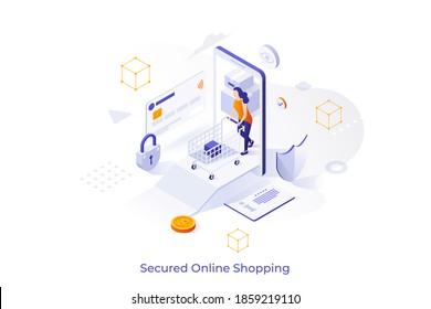 Conceptual template with customer with shopping cart walking out of smartphone. Scene for secured online shopping, safety of electronic payments in internet store. Isometric vector illustration.