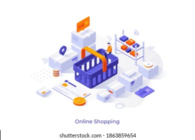 Conceptual template with customer sitting on shopping basket and making order in internet store. Scene for buying online, electronic retail. Modern isometric vector illustration for advertising.