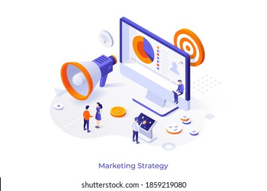 Conceptual template with customers or consumers, giant megaphone, computer display. Scene for marketing strategy, market research, SMM, online promotion. Modern isometric vector illustration.