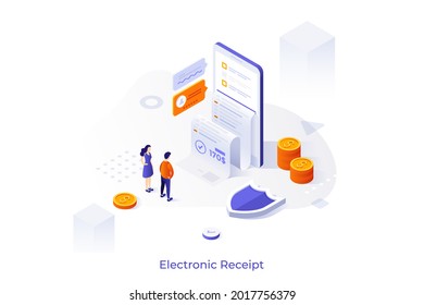 Conceptual template with customers looking at store building on smartphone screen. Scene for mobile application for internet shopping, buying goods online. Modern isometric vector illustration.