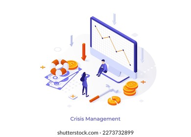 Plantilla conceptual con gráfico descendente en pantalla de computadora, personas y monedas en dólares rotas. Escenario para la estrategia de gestión de crisis, problema de negocios financieros. Ilustración vectorial isométrica moderna.