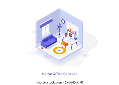 Conceptual template with desk with personal computer in apartment room. Scene for home office, workplace, space for freelance or distant work. Modern isometric vector illustration for website.