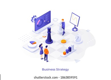 Conceptual template with diagrams or charts and people playing chess on giant board. Scene for business strategy, market competition tactics. Modern isometric vector illustration for website.