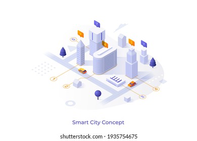 Conceptual template with downtown area or district with office buildings. Scene for finding place for business, commercial property rental service. Modern isometric vector illustration for website.