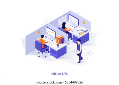 Conceptual template with employees sitting in cubicles or enclosed workplaces in open space. Scene of pros and cons of working office job. Modern isometric vector illustration for company website.