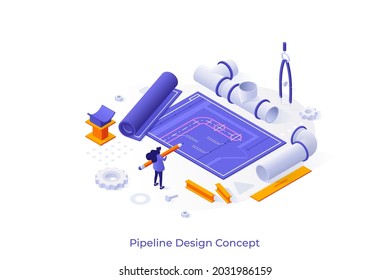 Conceptual template with engineer holding pencil looking at blueprint or scheme of piping or sewerage system. Scene for pipeline design and creation. Isometric vector illustration for website.