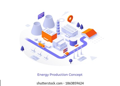 Conceptual template with factory or plant buildings, cooling towers, wind turbines, solar power system. Scene for electric energy production. Modern isometric vector illustration for website.