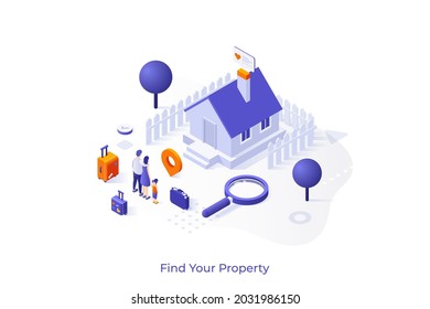Conceptual template with family moving into new house or cottage and magnifier. Scene for buying home, search for real estate, finding property. Modern isometric vector illustration for website.