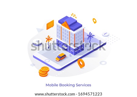 Conceptual template with giant smartphone, building, dollar coins. Modern isometric vector illustration for advertisement of touristic mobile application or online hotel booking service website.
