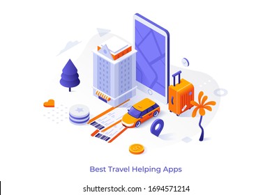 Conceptual template with giant smartphone and hotel building, taxi, suitcase, tickets. Help for tourists or travellers. Modern isometric vector illustration for mobile application advertisement.