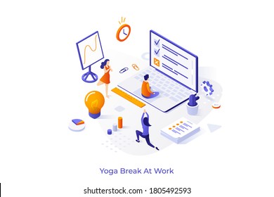 Conceptual template with group of clerks or office workers meditating and performing asanas. Yoga or meditation break at work. Modern isometric vector illustration for web banner, advertisement.