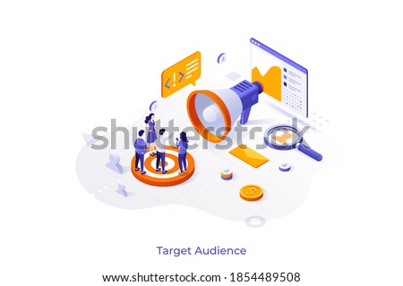 Conceptual template with group of consumers or customers and giant megaphone. Scene for target audience marketing, market research. Modern colorful isometric vector illustration for advertisement.
