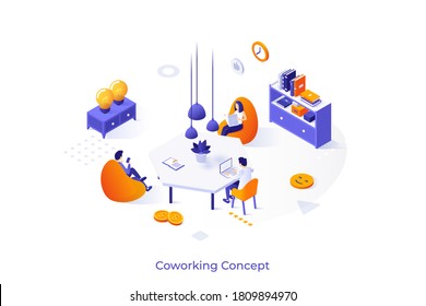 Plantilla conceptual con un grupo de trabajadores independientes sentados en cómodos sillones alrededor del escritorio y el trabajo. Confortable espacio de trabajo o oficina compartida. Isometric vector ilustración para publicidad.