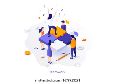 Conceptual template with group of office workers holding jigsaw puzzle pieces and woman celebrating professional success. Successful teamwork. Modern isometric vector illustration for website.