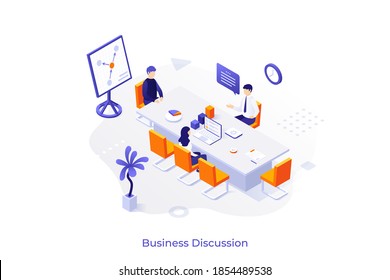 Conceptual template with group of office workers sitting at table and talking. Scene of corporate meeting, discussion, conversation, business negotiation. Modern isometric vector illustration.