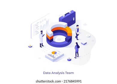 Conceptual template with group of people analyzing round chart. Scene for team of analysts working on data analysis project, statistical research. Modern isometric vector illustration for website.