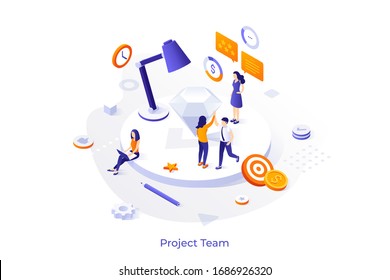 Conceptual template with group of people completed work on business project. Task management, strategic planning and organization. Modern isometric vector illustration for web service advertisement.