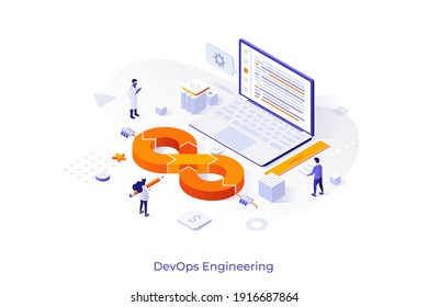 Conceptual template with group of people, giant laptop computer and infinity symbol. Scene for devops engineering, software development, system administration. Modern isometric vector illustration.