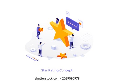 Conceptual template with group of people and golden stars. Scene for quality ranking, excellent rating score, positive review, user feedback. Modern isometric vector illustration for website.