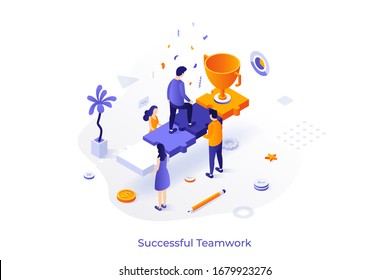 Conceptual template with group of people holding man ascending stairs made of jigsaw puzzle pieces and champion cup. Successful teamwork, route to success. Modern isometric vector illustration.