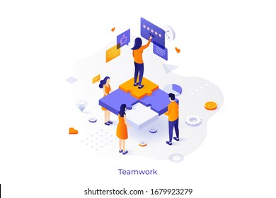 Conceptual template with group of people holding jigsaw puzzle pieces and woman leaving positive five star feedback. Premium quality customer service. Isometric vector illustration for website.