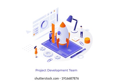 Conceptual template with group of people preparing spacecraft for launch, blueprint. Startup project development team, teamwork. Modern isometric vector illustration for website.