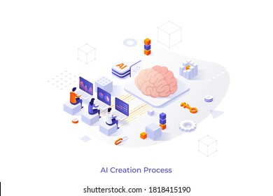 Conceptual template with group of people sitting at computers and programming giant brain. Concept of creation of artificial intelligence, machine learning technology. Isometric vector illustration.