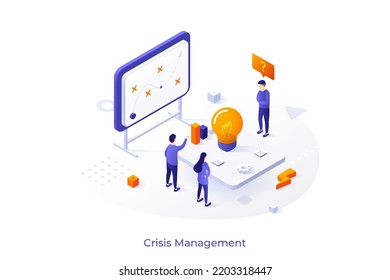 Conceptual template with group of people standing around lightbulb. Scene for crisis management strategy, problem-solving, brainstorming. Modern colorful isometric vector illustration for webpage.