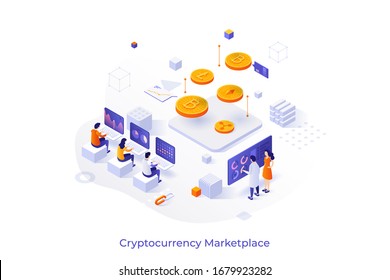 Conceptual template with group of people working on laptop computers and giant crypto coins. Cryptocurrency marketplace for exchange of Bitcoin and digital currencies. Isometric vector illustration.