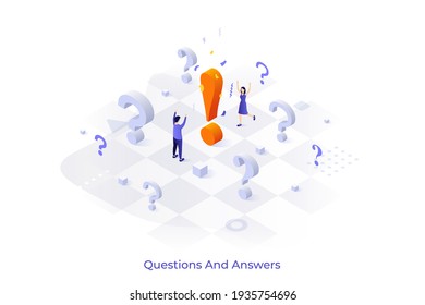 Conceptual Template With Happy Man And Woman Celebrating On Chessboard, Question Marks And Exclamation Point. Scene For Finding Answer Or Information. Isometric Vector Illustration For Website.