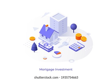 Conceptual template with house, keys, calculator, coins and banknotes. Scene for mortgage investment property, buying home, real estate. Modern isometric vector illustration for website, banner. - Shutterstock ID 1935754663