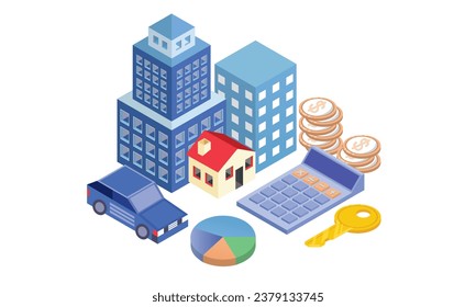 Conceptual template with house, keys, calculator, coins. Scene for mortgage investment property, buying home, real estate.on white background.3D design.isometric vector design Illustration.