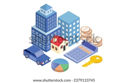 Conceptual template with house, keys, calculator, coins. Scene for mortgage investment property, buying home, real estate.on white background.3D design.isometric vector design Illustration.