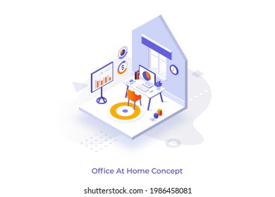 Conceptual template with house room as workspace with desk, computer and whiteboard. Scene for professional office at home, remote or distant work. Modern isometric vector illustration for webpage.