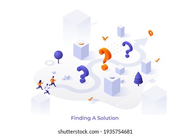 Conceptual template with interrogation points and people running along arrow route towards location mark. Scene for finding solution to problem or answer to question. Isometric vector illustration.