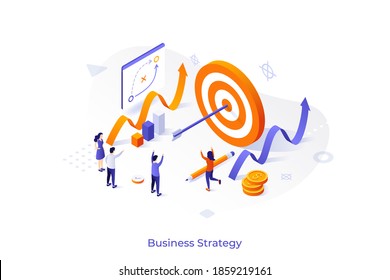 Conceptual Template With Joyful People, Shooting Target With Arrow In Center. Scene For Successful Business Strategy, Goal Achievement, Success Celebration. Modern Isometric Vector Illustration.