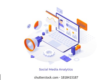 Plantilla conceptual con ordenador portátil, gráficos, indicadores de Internet y megáfono. Herramienta o servicio en línea para análisis de medios sociales y SMM. Isometric vector ilustración para sitio web. 